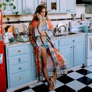 S01.Bohemian Vibrant Rayon Airy Long Belted Kimono Cardigan Cover Up One Size